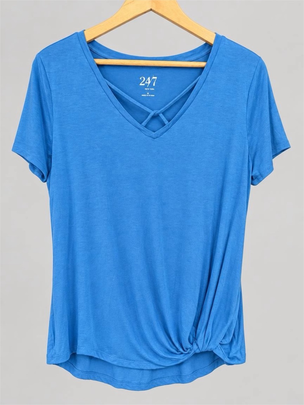 Maurices Women's Short-Sleeve V-Neck Detail Tee in Blue with Twist Hem - L